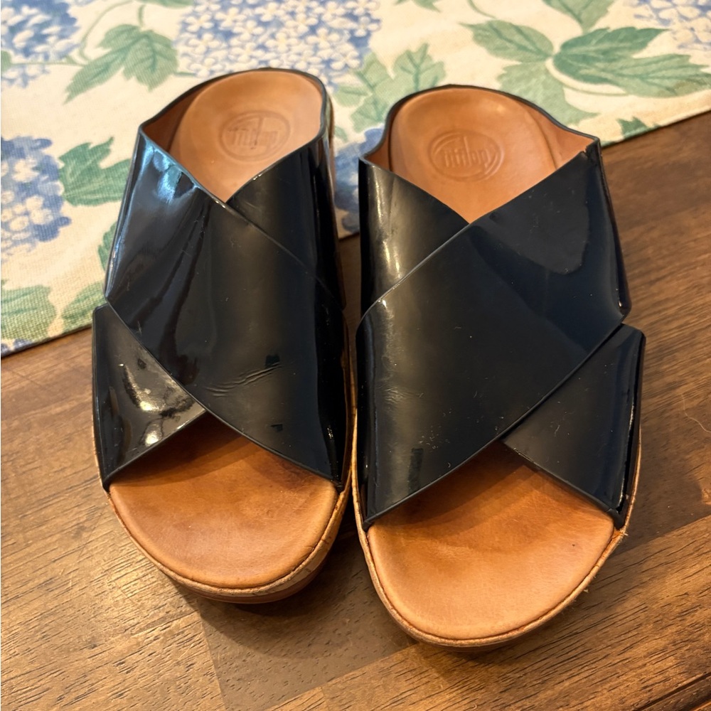 Fitflop Patent Black Leather Slides